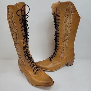 Womens Chunky Heel Boots Sexy Lace Up Sz 10 Party Mid Wide Calf Cowgirl Preppy